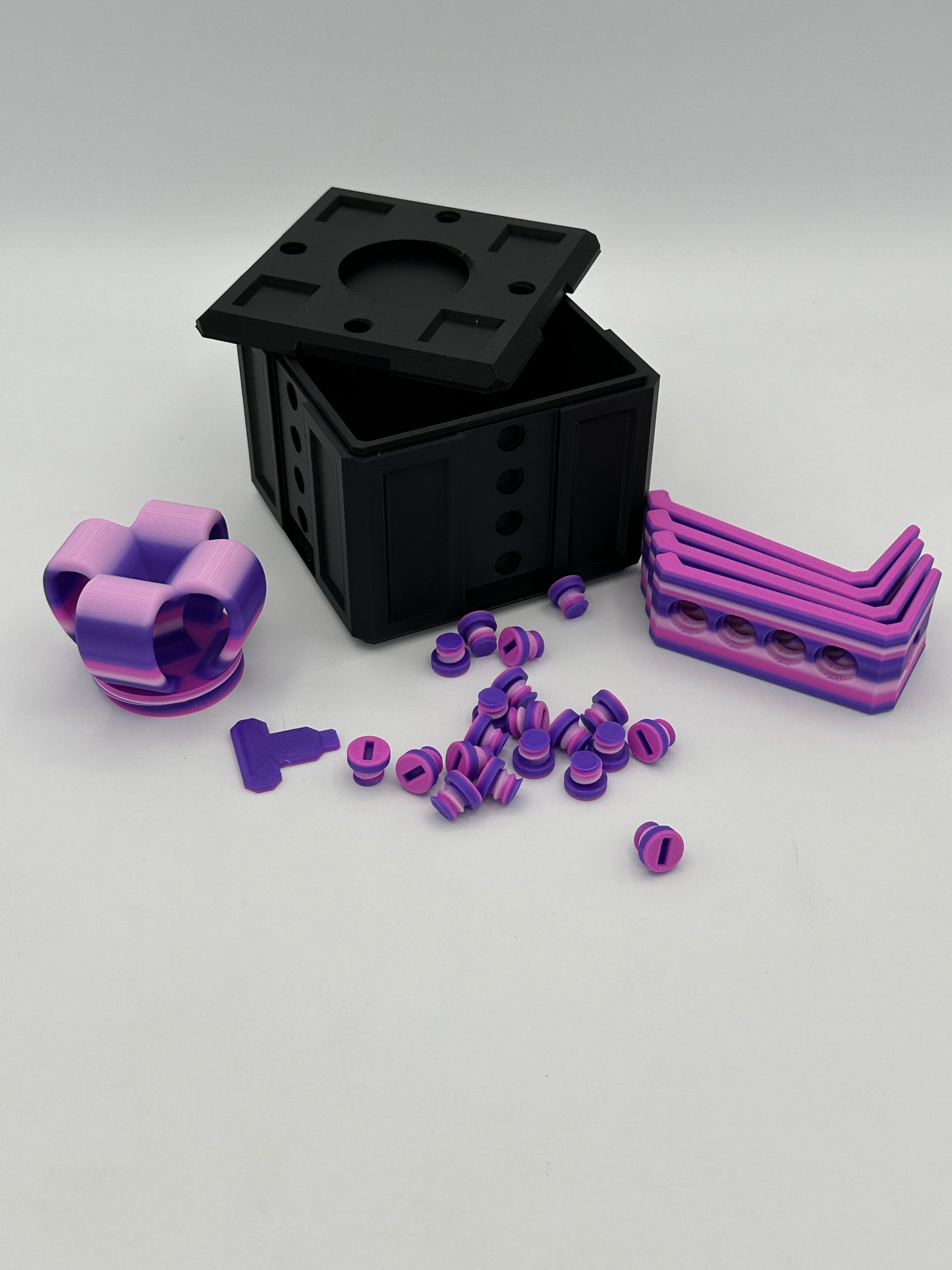 Black & Purple Rainbow Annoying Gift Box 4x4x3" with 20 bolts + 3 Mini Figures