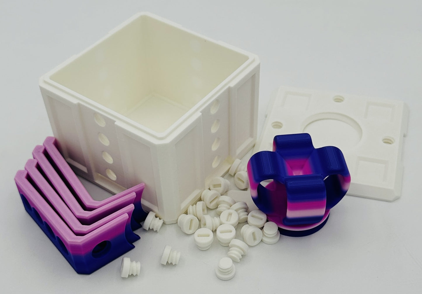 White & Purple Rainbow Annoying Gift Box 4x4x3" with 20 bolts + 3 Mini Figures