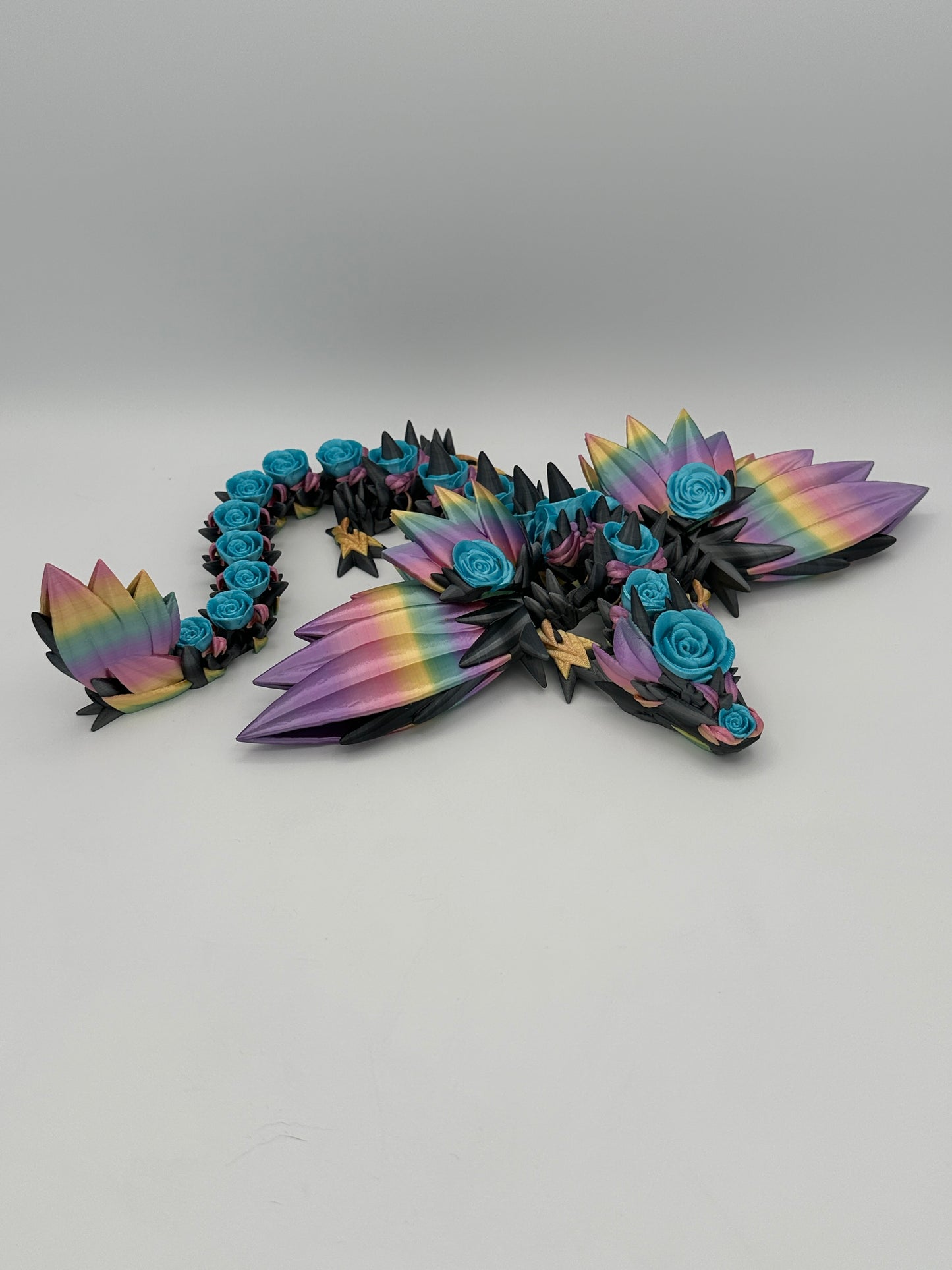 18" Winged Rose Dragon - Graphite / Blue / Rainbow