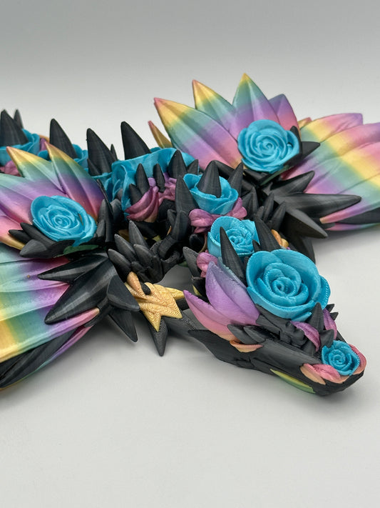 18" Winged Rose Dragon - Graphite / Blue / Rainbow