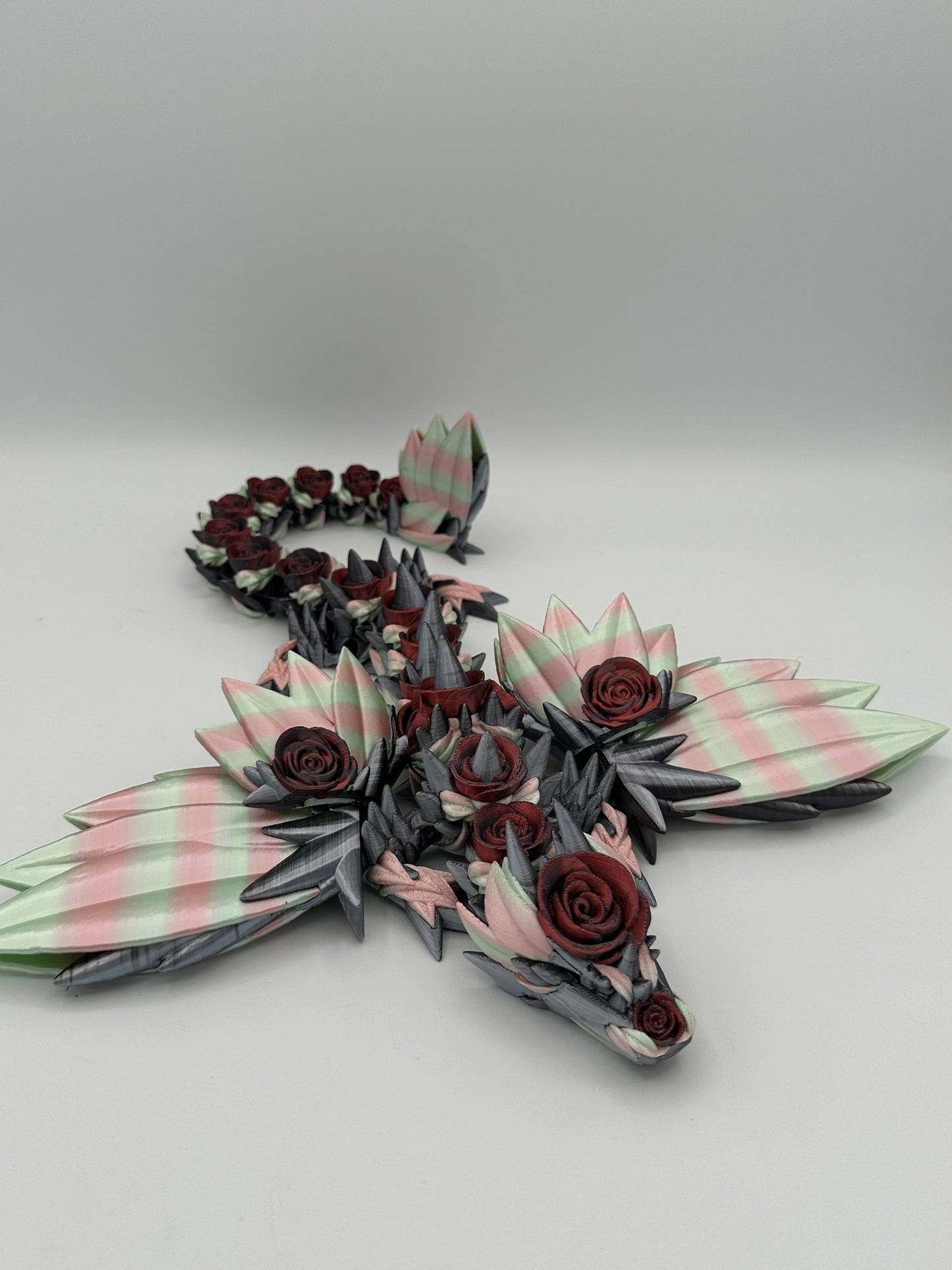 18" Winged Rose Dragon - Silver / Red / Cyan