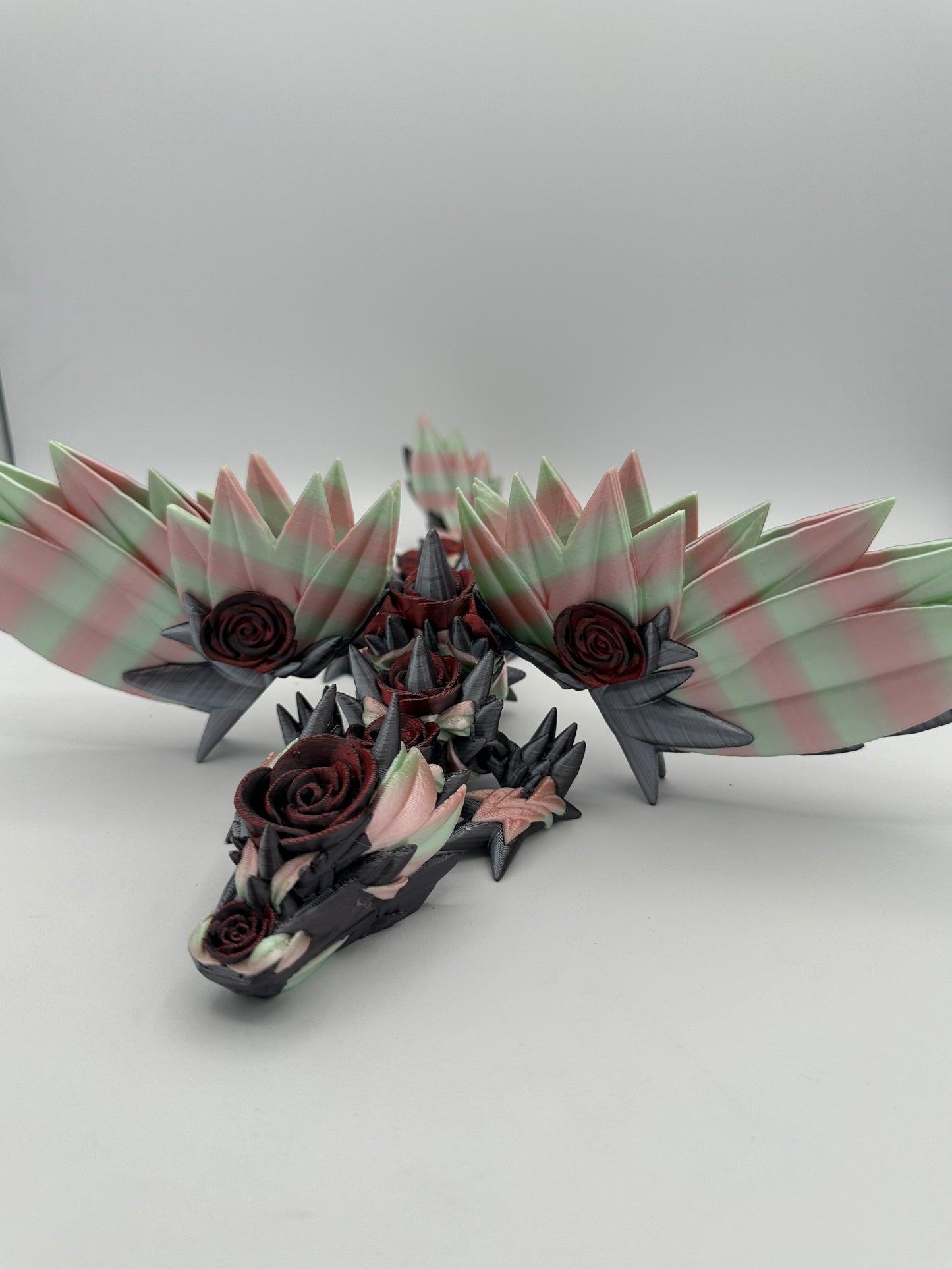 18" Winged Rose Dragon - Silver / Red / Cyan