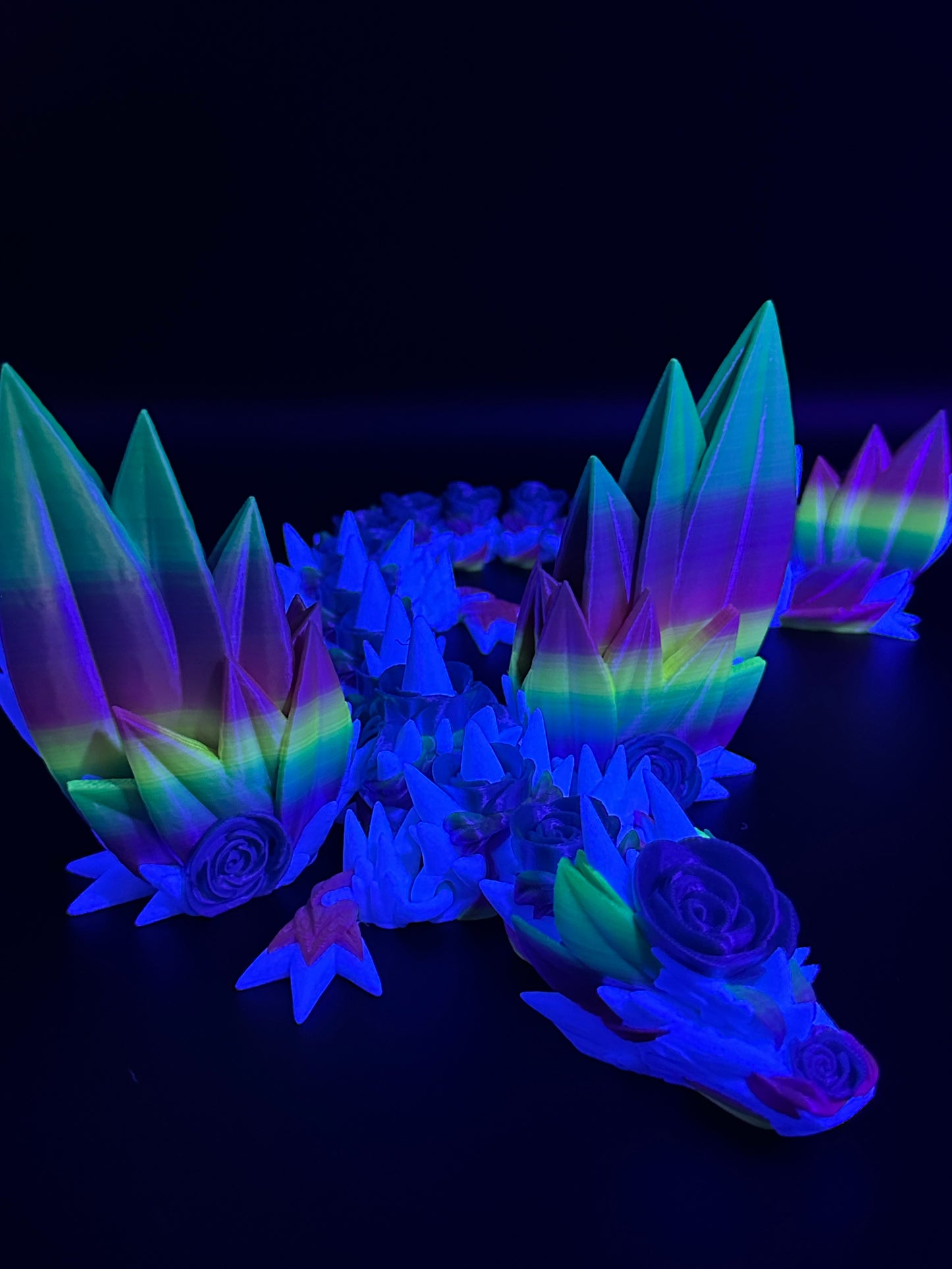 18" Winged Rose Dragon - White / Blue / Rainbow