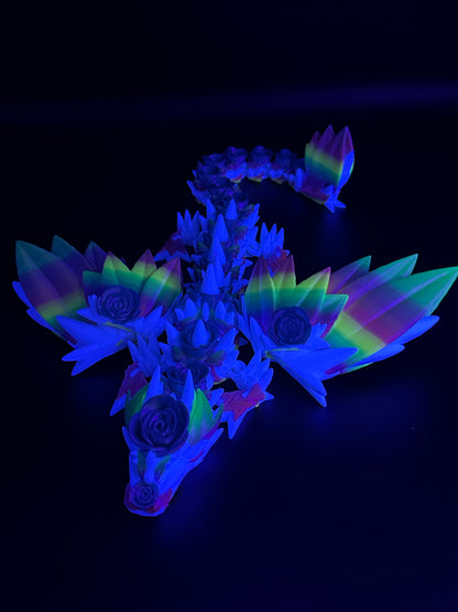 18" Winged Rose Dragon - White / Blue / Rainbow