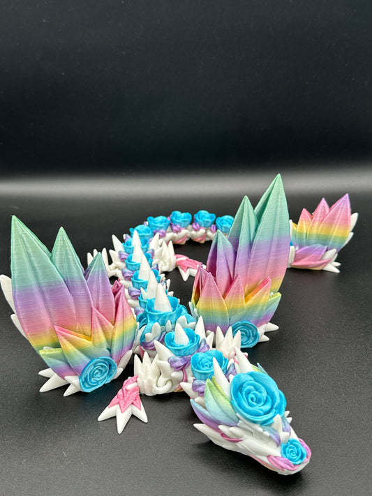 18" Winged Rose Dragon - White / Blue / Rainbow