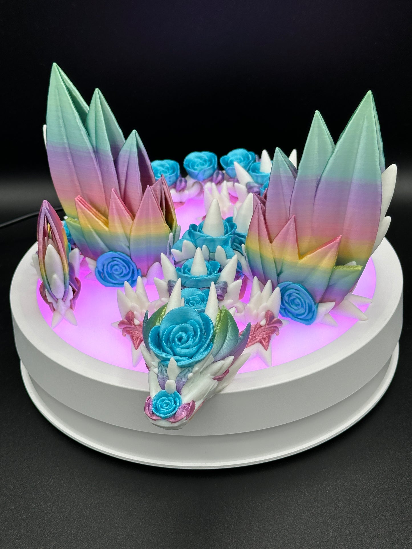 18" Winged Rose Dragon - White / Blue / Rainbow