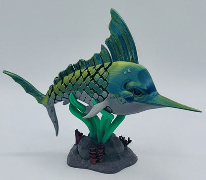 Green-Blue Swordfish Desk Pet Fidget with Coral Reef Stand