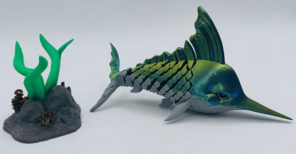 Green-Blue Swordfish Desk Pet Fidget with Coral Reef Stand