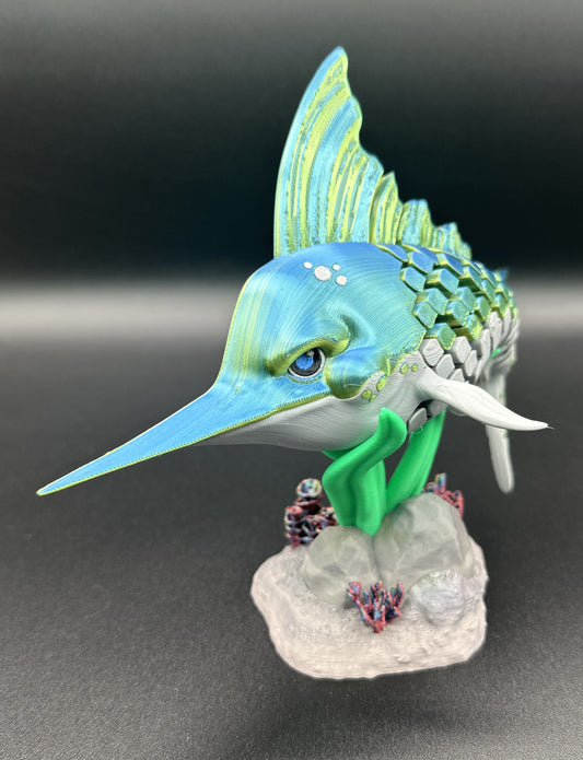 Green-Blue Swordfish Desk Pet Fidget with Coral Reef Stand